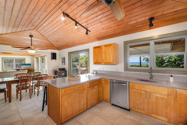 kitchen with stainless steel dishwasher, a ceiling fan, vaulted ceiling, a sink, and a peninsula