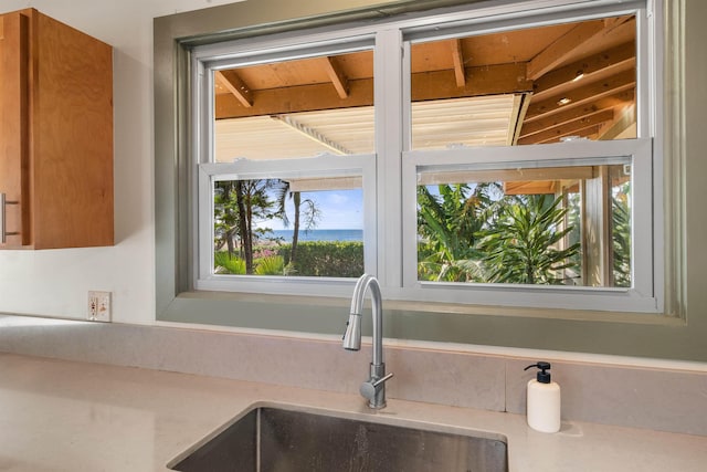 details with light countertops, a sink, and brown cabinets