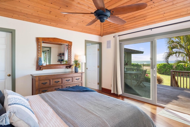 bedroom featuring access to exterior, lofted ceiling, wood ceiling, and light wood-style flooring