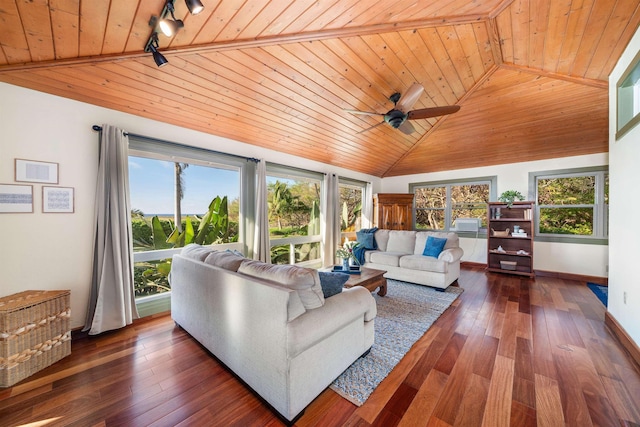 living area featuring vaulted ceiling, dark wood finished floors, wood ceiling, and baseboards