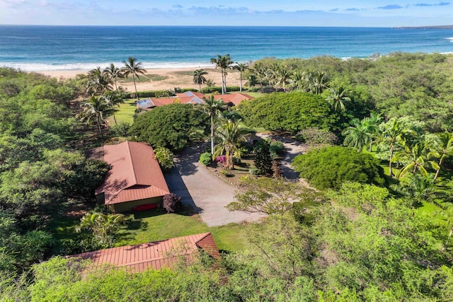 drone / aerial view featuring a water view and a beach view