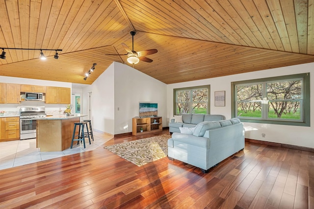 living area featuring lofted ceiling, wood-type flooring, wooden ceiling, and track lighting