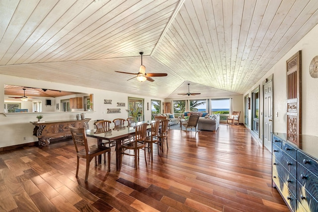 dining room with wooden ceiling, baseboards, vaulted ceiling, and dark wood-type flooring