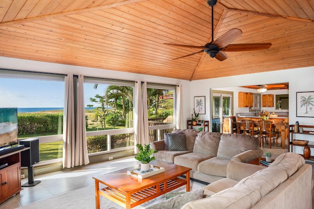 living room with high vaulted ceiling, light tile patterned flooring, wooden ceiling, and a ceiling fan