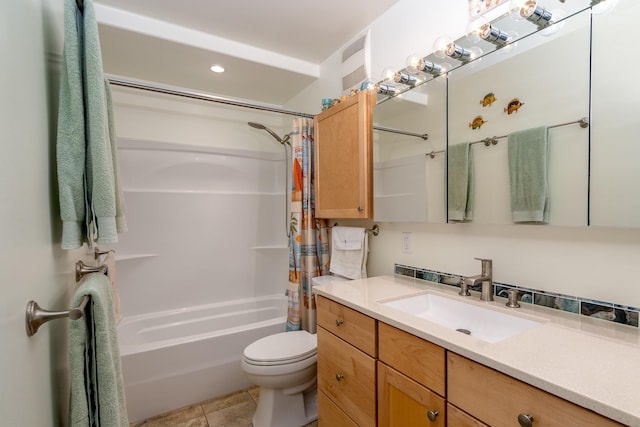 full bathroom featuring shower / tub combo with curtain, vanity, toilet, and tile patterned flooring