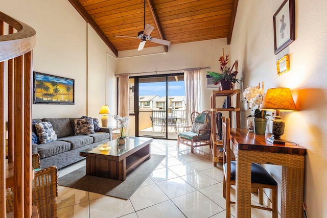 2695 S Kihei Rd Unit 8-407, Kihei, HI 96753 - living area with wooden ceiling, light tile patterned floors, beam ceiling, a ceiling fan, and high vaulted ceiling