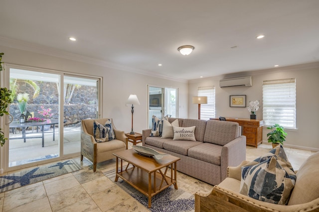 living area with ornamental molding, a wall mounted air conditioner, and recessed lighting