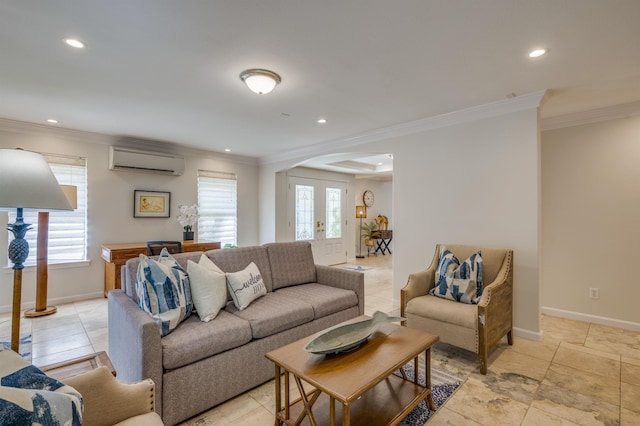 living area with ornamental molding, recessed lighting, a wall unit AC, and baseboards