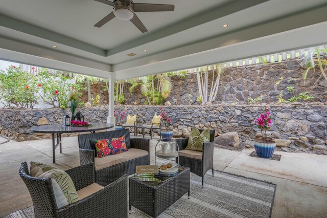 view of patio / terrace with outdoor dining area, outdoor lounge area, and a ceiling fan
