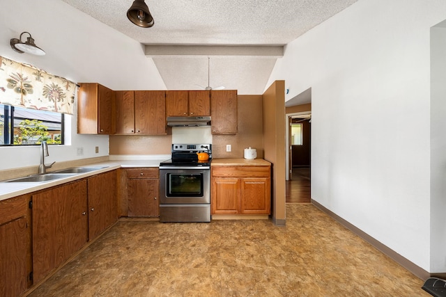 kitchen with sink, vaulted ceiling, a textured ceiling, and stainless steel range with electric cooktop