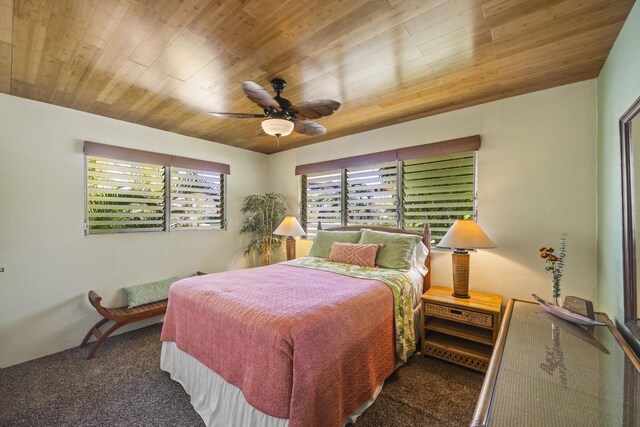 carpeted bedroom with ceiling fan and wood ceiling