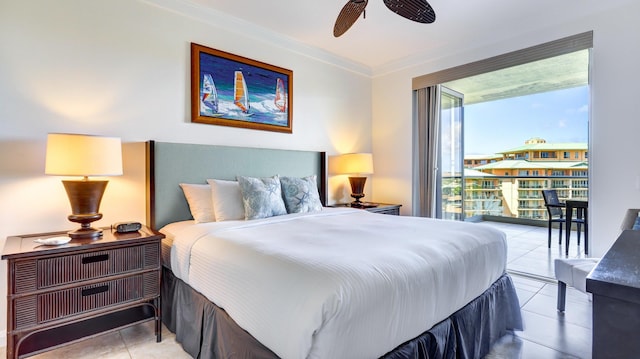 tiled bedroom featuring ceiling fan and crown molding