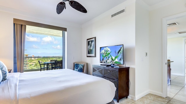 tiled bedroom featuring ceiling fan and crown molding