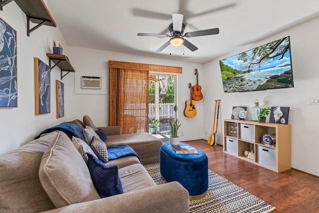 480 Kenolio Rd Unit 13-101, Kihei, HI 96753 - living room with wood finished floors, a ceiling fan, and a wall unit AC