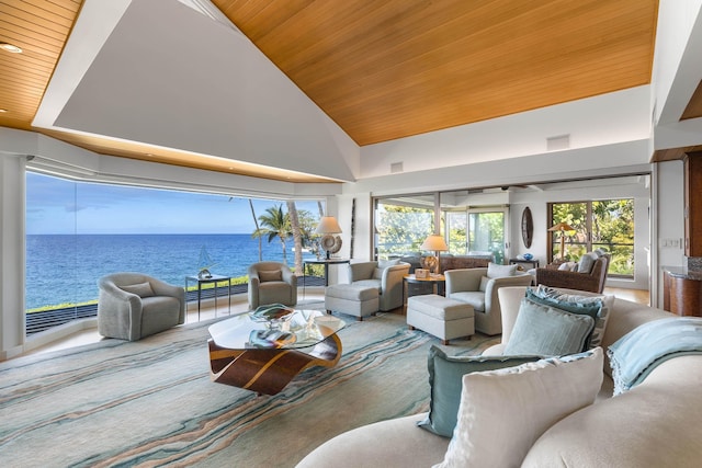 4000 Wailea Alanui Dr Unit 502, Kihei, HI 96753 - living room featuring wooden ceiling, a water view, high vaulted ceiling, and recessed lighting