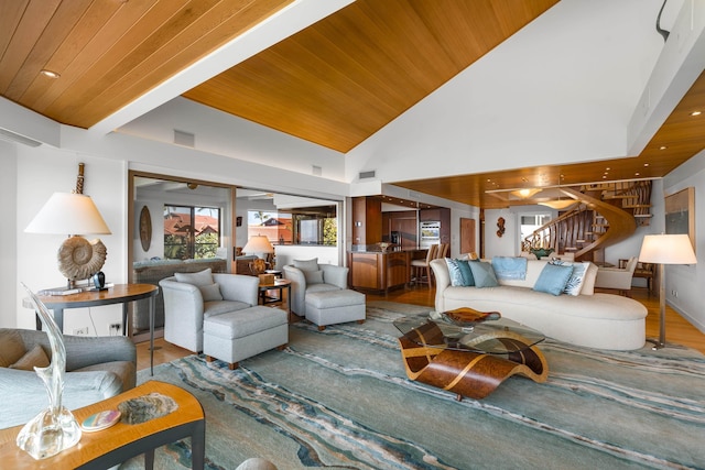 4000 Wailea Alanui Dr Unit 502, Kihei, HI 96753 - living area featuring wood ceiling, stairs, wood finished floors, and high vaulted ceiling