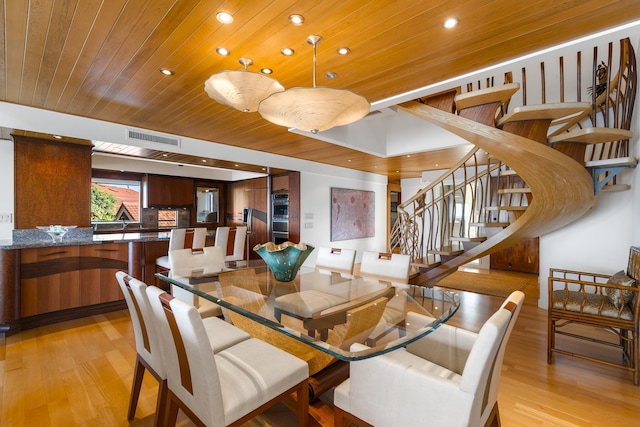 4000 Wailea Alanui Dr Unit 502, Kihei, HI 96753 - dining room with light wood-style floors, wooden ceiling, recessed lighting, and stairs