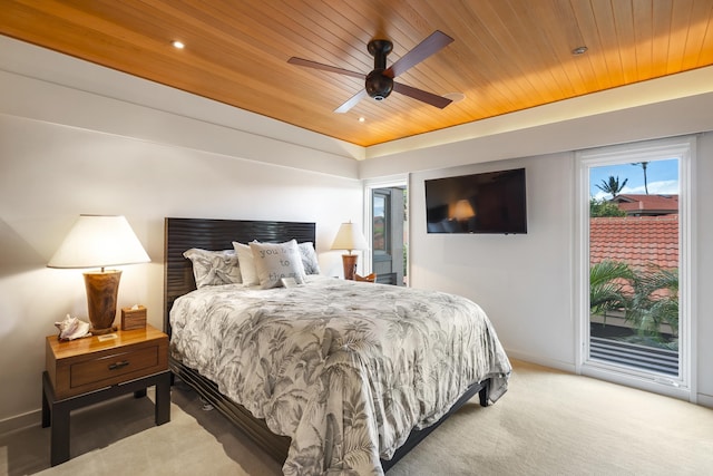 4000 Wailea Alanui Dr Unit 502, Kihei, HI 96753 - bedroom featuring access to exterior, wooden ceiling, baseboards, light carpet, and ceiling fan