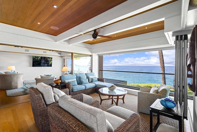 4000 Wailea Alanui Dr Unit 502, Kihei, HI 96753 - living area with wood finished floors, ceiling fan, wooden ceiling, and recessed lighting