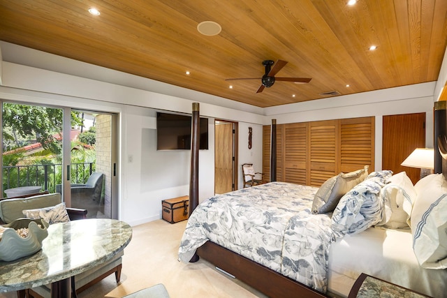 4000 Wailea Alanui Dr Unit 502, Kihei, HI 96753 - bedroom featuring access to exterior, wood ceiling, light colored carpet, recessed lighting, and two closets