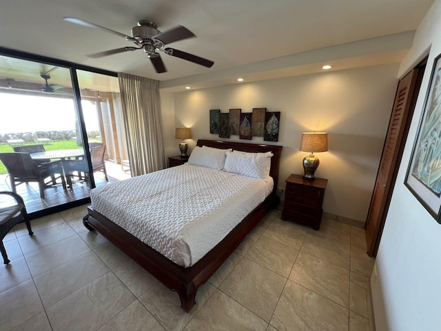 bedroom with recessed lighting, light tile patterned floors, access to outside, and a ceiling fan