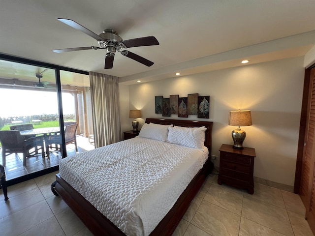 bedroom with light tile patterned floors, ceiling fan, recessed lighting, and access to exterior