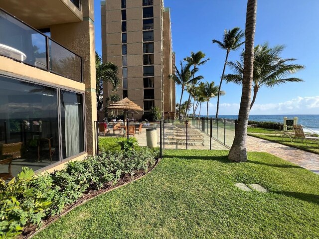 exterior space with a water view