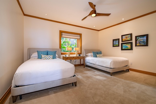 carpeted bedroom with ceiling fan and crown molding