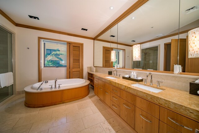 bathroom featuring vanity, independent shower and bath, and crown molding