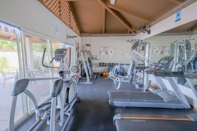 40 Halili Ln Unit 4J, Kihei, HI 96753 - exercise room featuring beamed ceiling and high vaulted ceiling