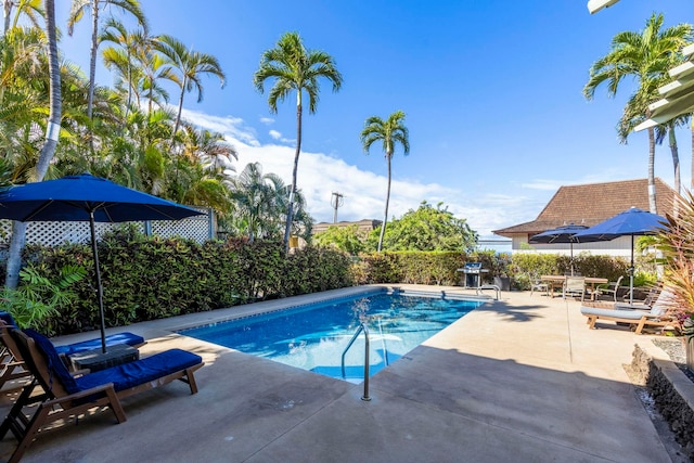 2050 Kanoe St Unit 208, Kihei, HI 96753 - view of swimming pool featuring a patio, a fenced backyard, and a grill