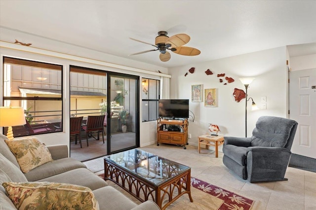 living room featuring ceiling fan