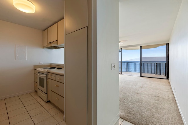 kitchen featuring under cabinet range hood, light colored carpet, electric range, baseboards, and floor to ceiling windows