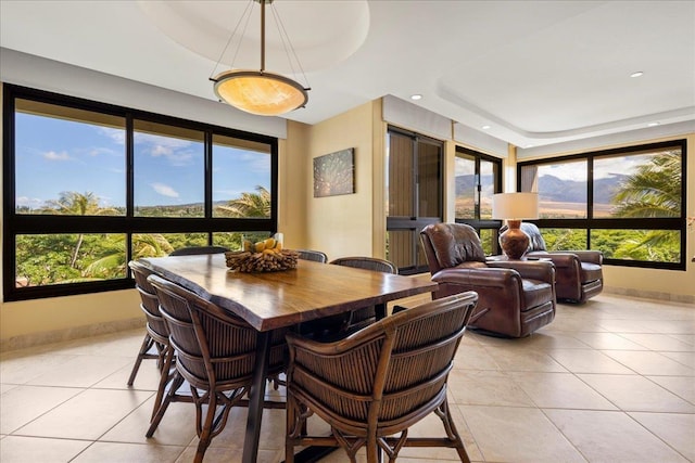 tiled dining room featuring a raised ceiling