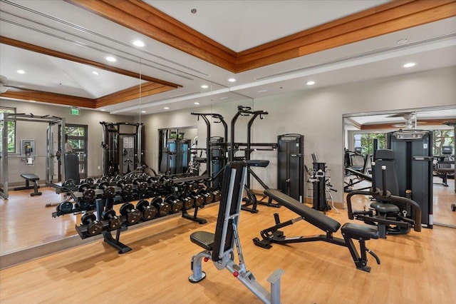 workout area featuring a tray ceiling, a wealth of natural light, ceiling fan, and light wood-type flooring