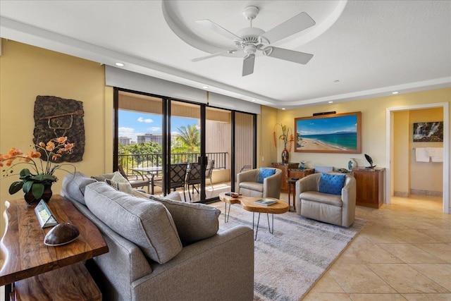 living room featuring ceiling fan and light tile patterned floors