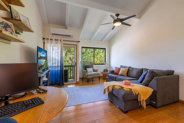 living room featuring high vaulted ceiling, beamed ceiling, a wall mounted AC, ceiling fan, and light hardwood / wood-style floors