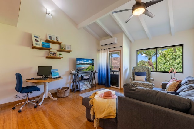 living room featuring ceiling fan, light hardwood / wood-style floors, lofted ceiling with beams, and a wall mounted air conditioner