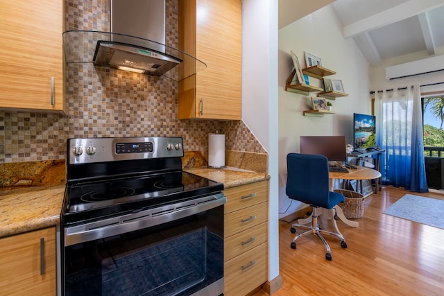 kitchen with stainless steel electric range oven, wall chimney range hood, decorative backsplash, vaulted ceiling with beams, and a wall mounted AC