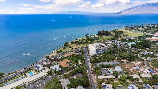 drone / aerial view with a water and mountain view