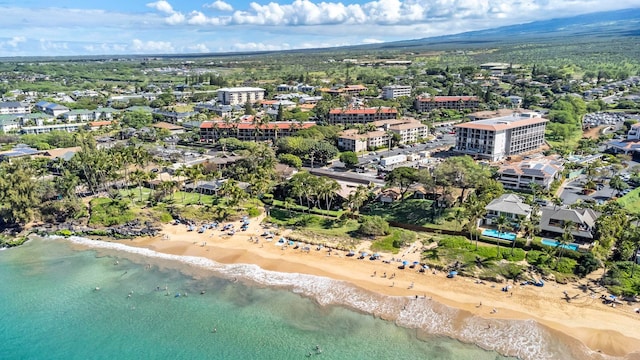 aerial view featuring a water view and a view of the beach