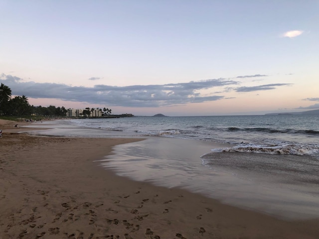 view of water feature with a beach view