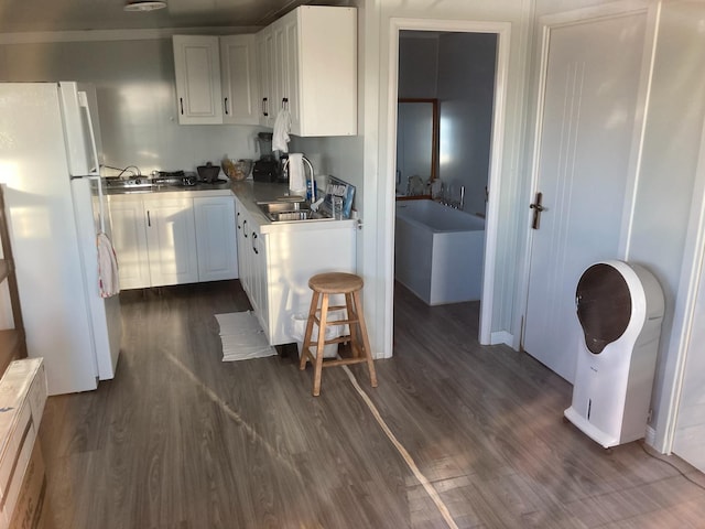 0 Pa Loa Loop Unit 205, Maunaloa, HI 96770 - kitchen with freestanding refrigerator, dark wood-type flooring, white cabinets, and a sink