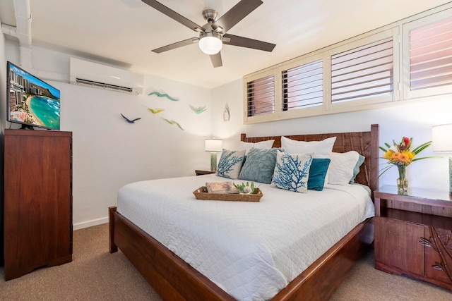 carpeted bedroom featuring ceiling fan, baseboards, and a wall mounted AC