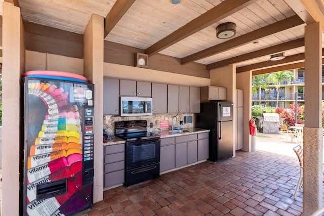 kitchen with decorative backsplash, wooden ceiling, black appliances, and gray cabinets