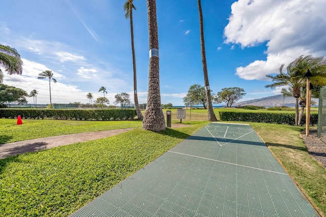 view of home's community with a lawn and shuffleboard