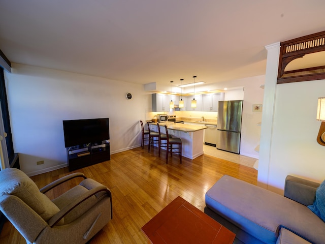 living room with light hardwood / wood-style floors and sink