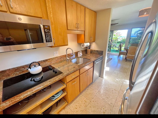 kitchen with dark stone countertops, sink, and appliances with stainless steel finishes