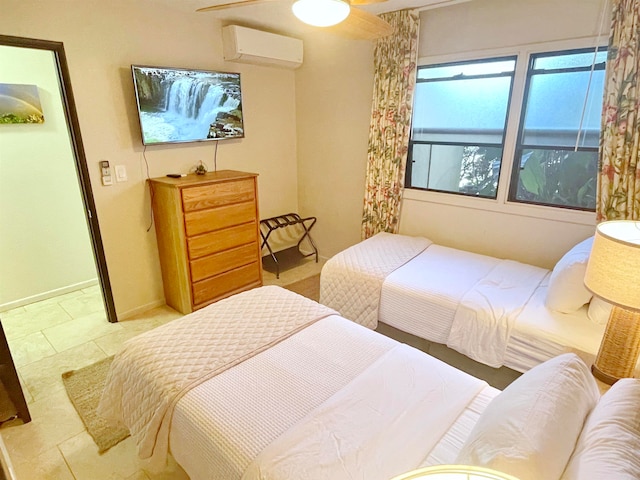 tiled bedroom with an AC wall unit