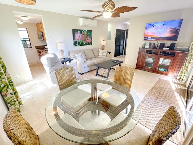 tiled living room with an AC wall unit and ceiling fan